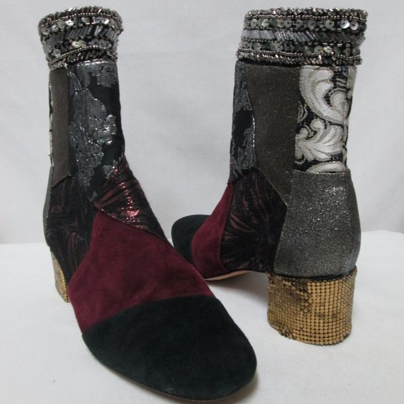 Anthropologie Bettye Mueller Cyd Suede Canvas patchwork boots booties Size 7.5 - Picture 15 of 16